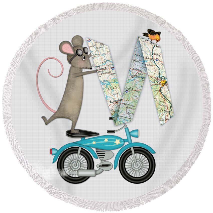 Letter M Round Beach Towel featuring the digital art M is for Mouse, Map and Motorcycle by Valerie Drake Lesiak
