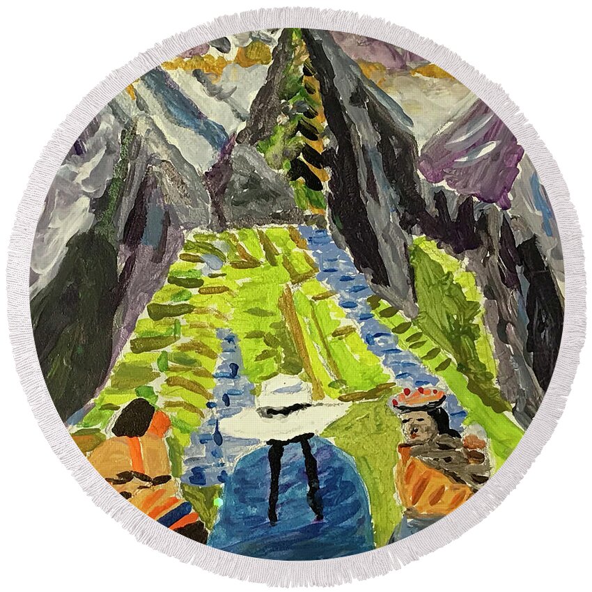  Round Beach Towel featuring the painting Machu Pichu journey by John Macarthur