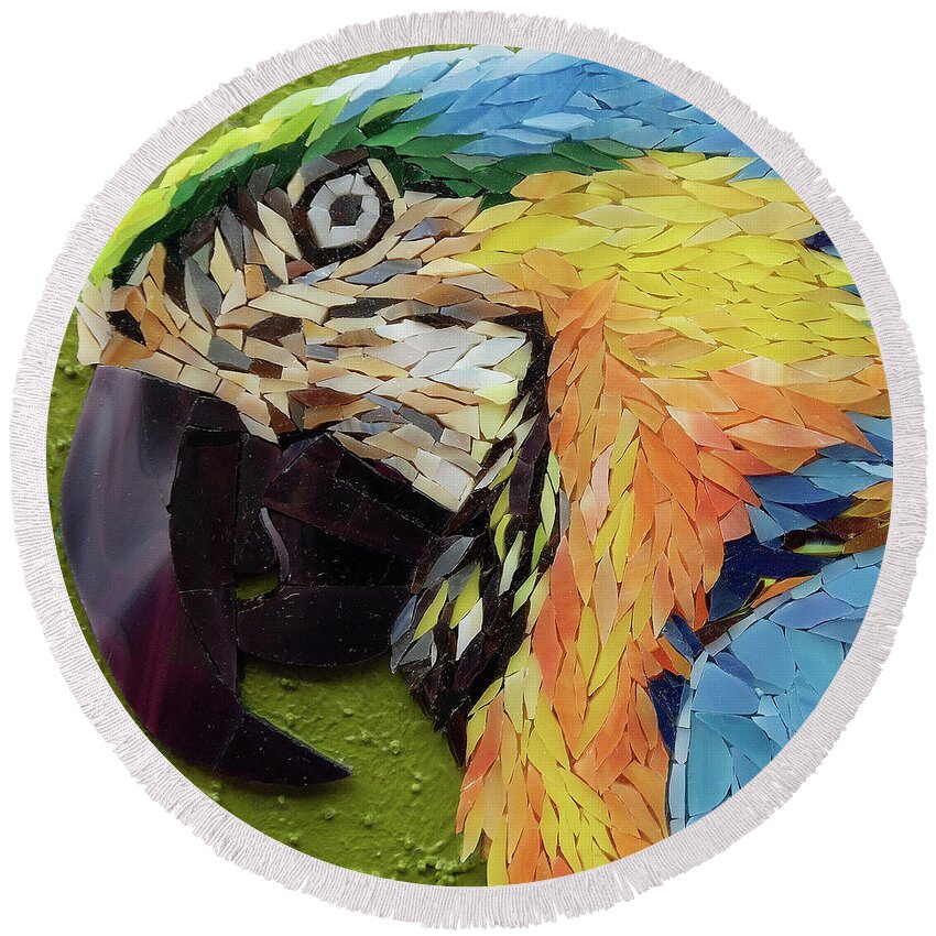 Macaw Round Beach Towel featuring the glass art Mackey the Blue and Yellow Macaw by Adriana Zoon