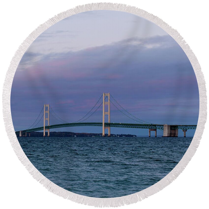 Mighty Mac Round Beach Towel featuring the photograph Mackinac Bridge Panoramic by Rich S