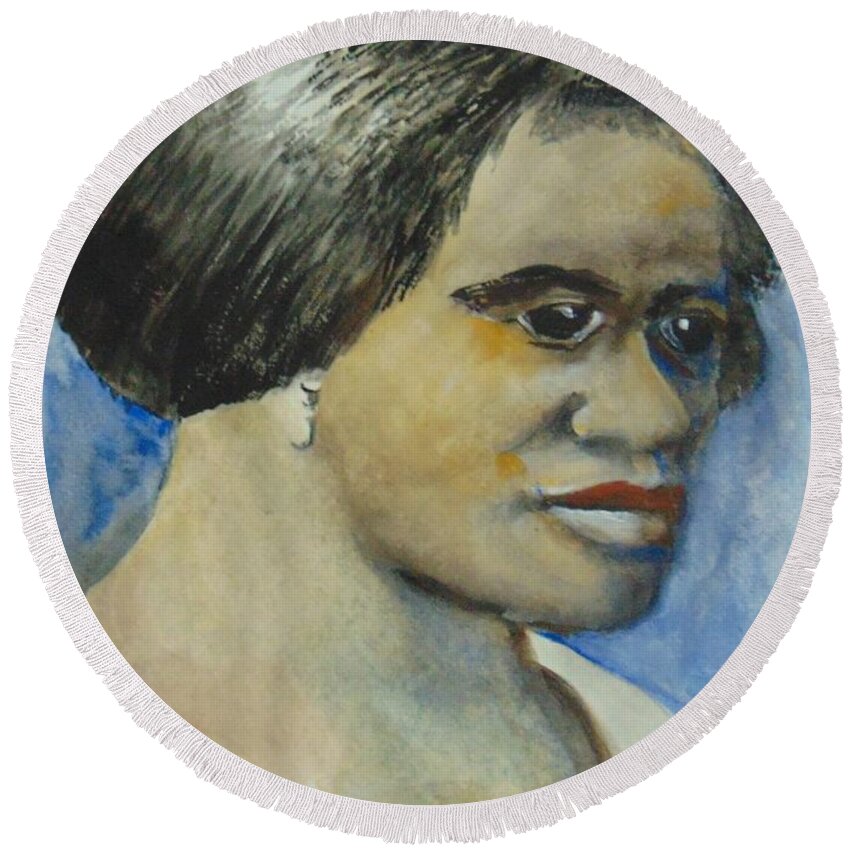 Beauty Products Round Beach Towel featuring the painting Madam CJ Walker by Saundra Johnson