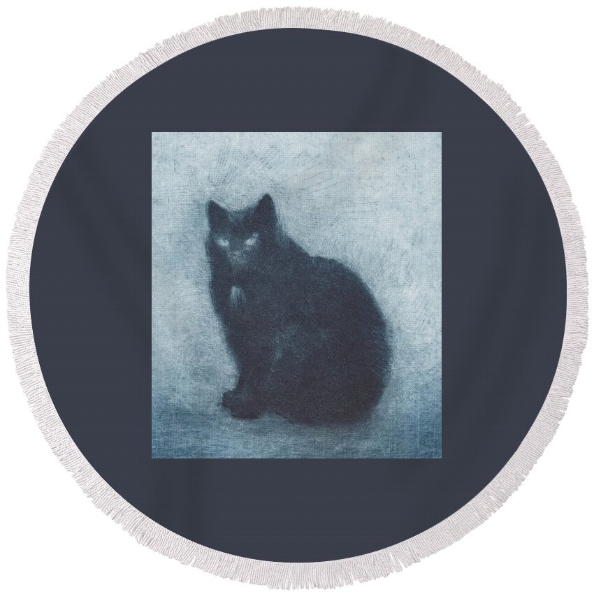 Cat Round Beach Towel featuring the drawing Madame Escudier - etching - cropped version by David Ladmore