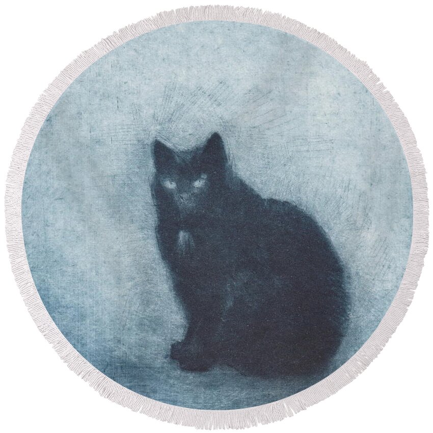 Cat Round Beach Towel featuring the drawing Madame Escudier - etching by David Ladmore