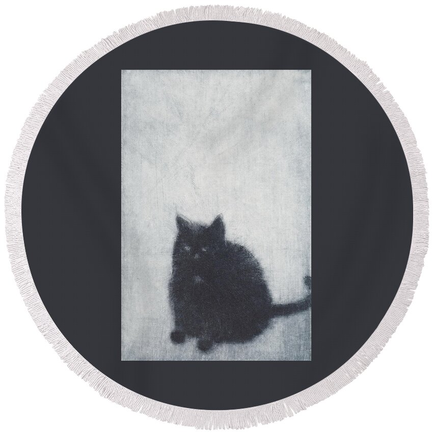 Cat Round Beach Towel featuring the drawing Madame X - etching by David Ladmore