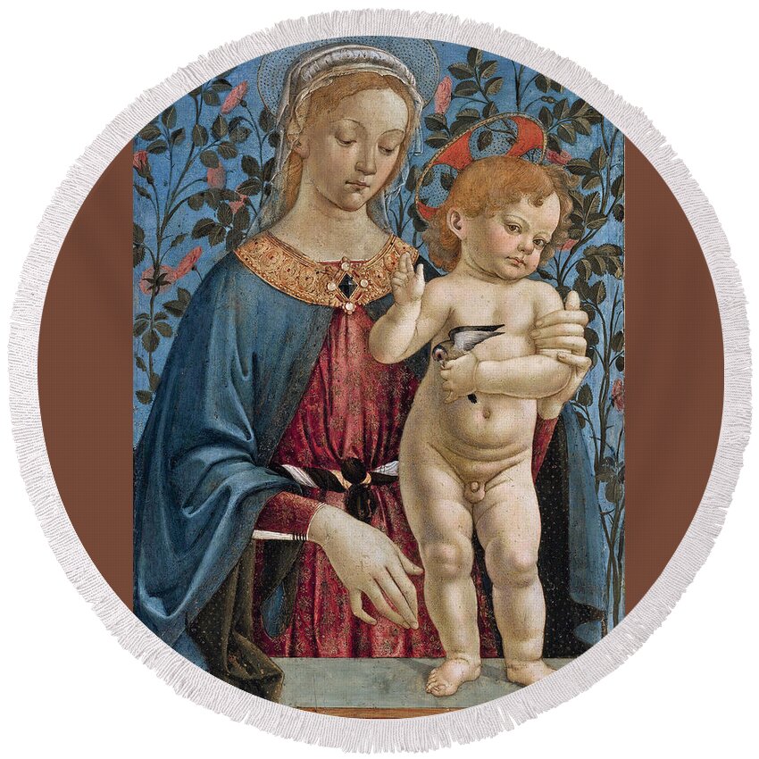 Workshop Of Andrea Del Verrocchio Round Beach Towel featuring the painting Madonna And Child 3 by Workshop of Andrea del Verrocchio