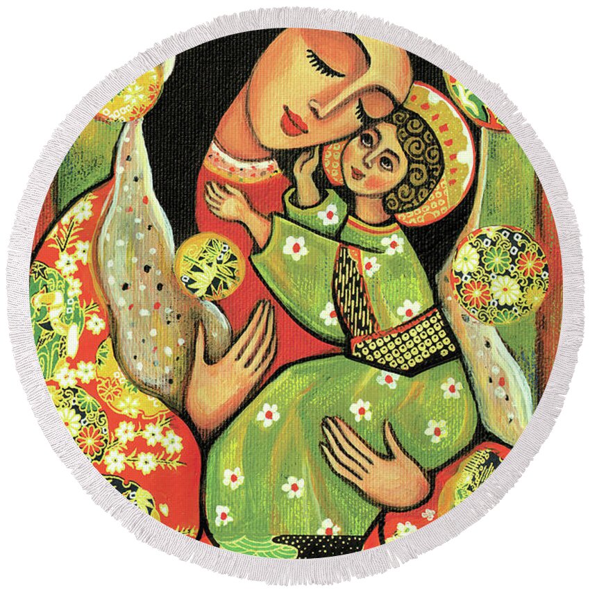 Mother And Child Round Beach Towel featuring the painting Madonna and Child by Eva Campbell