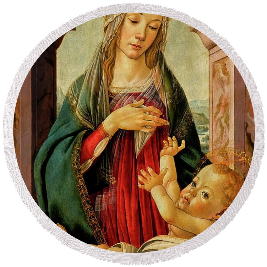 Madonna And Child Round Beach Towel featuring the painting Madonna and child, seated before a classical window by Sandro Botticelli