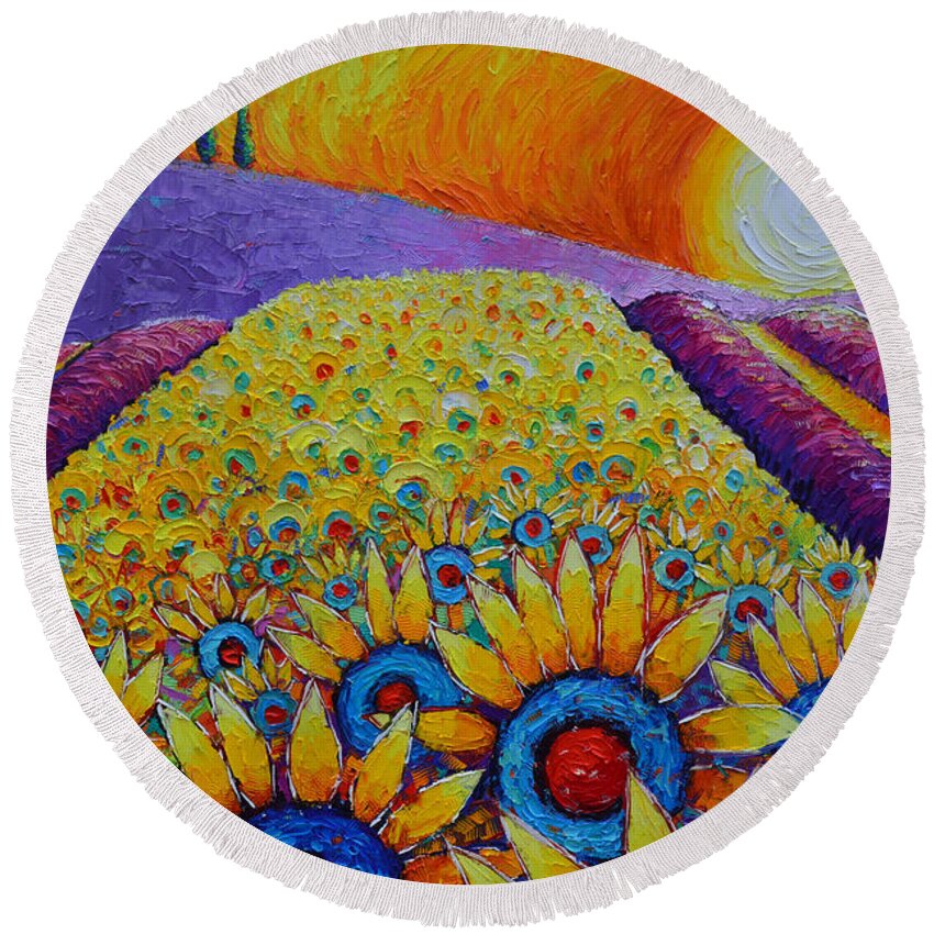 Provence Round Beach Towel featuring the painting MAGIC OF PROVENCE SUNFLOWERS AND LAVENDER FIELDS landscape commissioned painting Ana Maria Edulescu by Ana Maria Edulescu