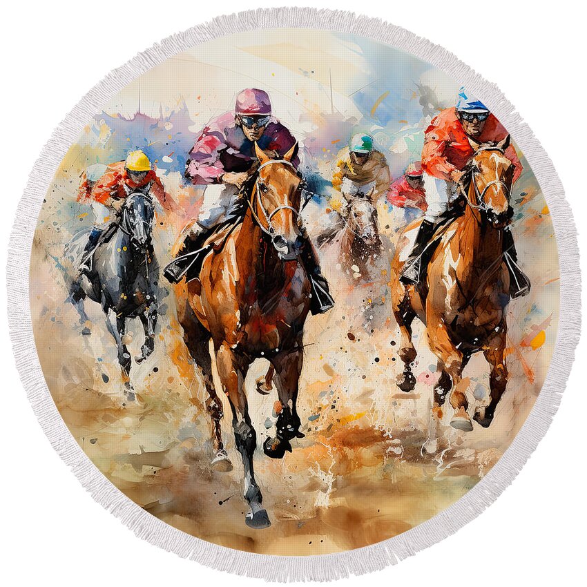 Horse Racing Round Beach Towel featuring the painting Magic of the Moment by Lourry Legarde