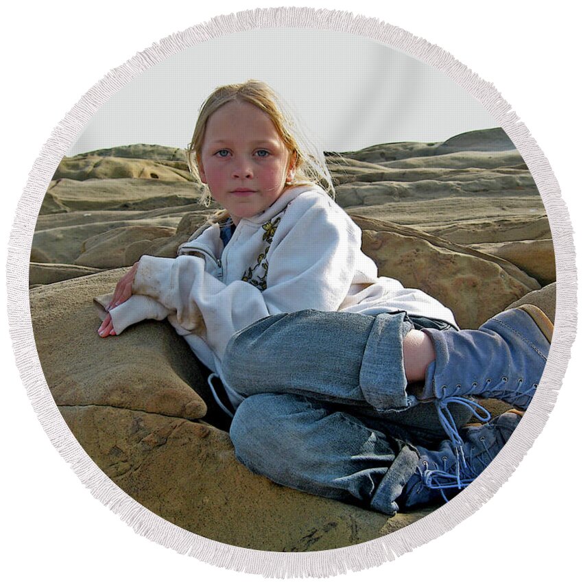 Girl Round Beach Towel featuring the photograph Magical Child, Girl in the Rock by Lorena Cassady