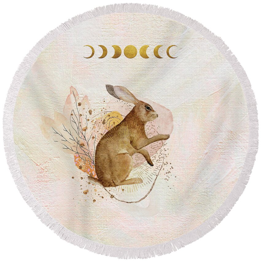 Rabbit Round Beach Towel featuring the painting Magical Forest Rabbit by Garden Of Delights
