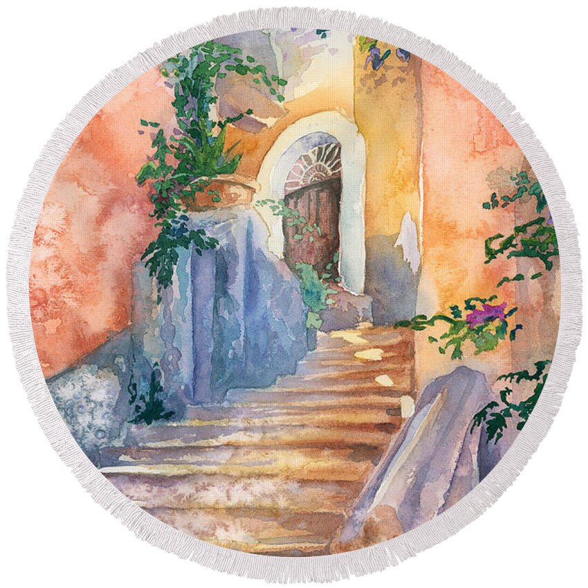 Watercolor Painting Round Beach Towel featuring the painting Magical Stairs by Espero Art