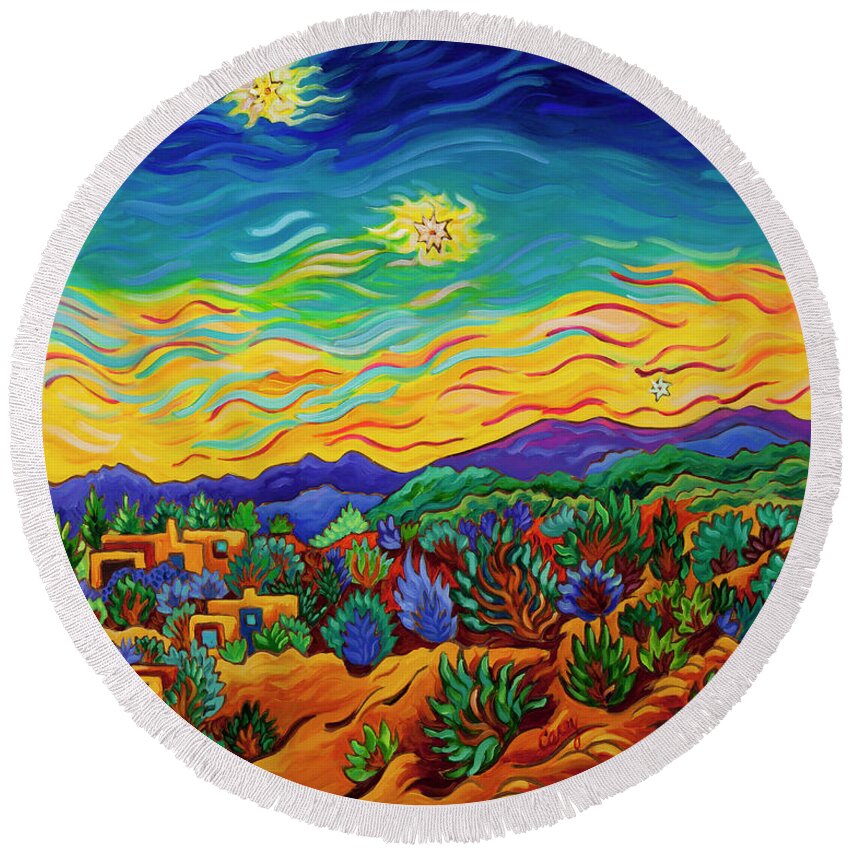 Night Scene Round Beach Towel featuring the painting Magical Starlight by Cathy Carey