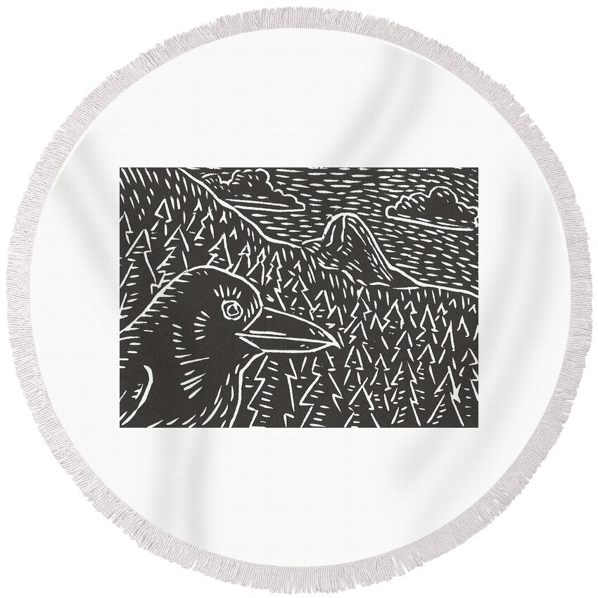 Raven Round Beach Towel featuring the relief Magician of Idyllwild by Gerry High