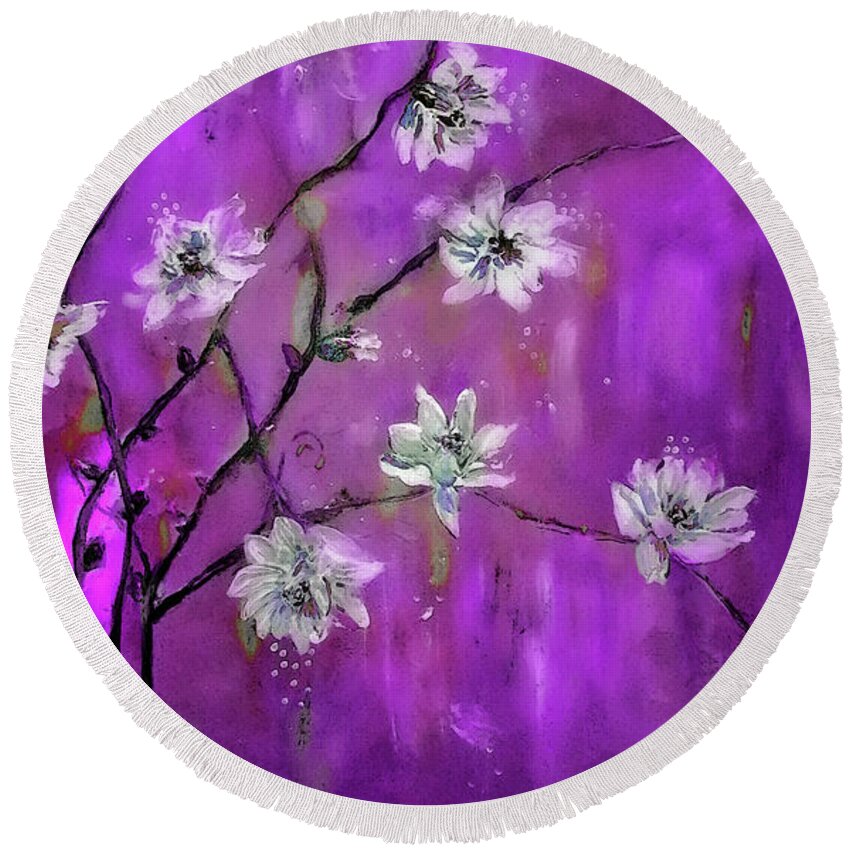 Magnolia Round Beach Towel featuring the painting Magnolia Tree Branch Madness Painting by Lisa Kaiser