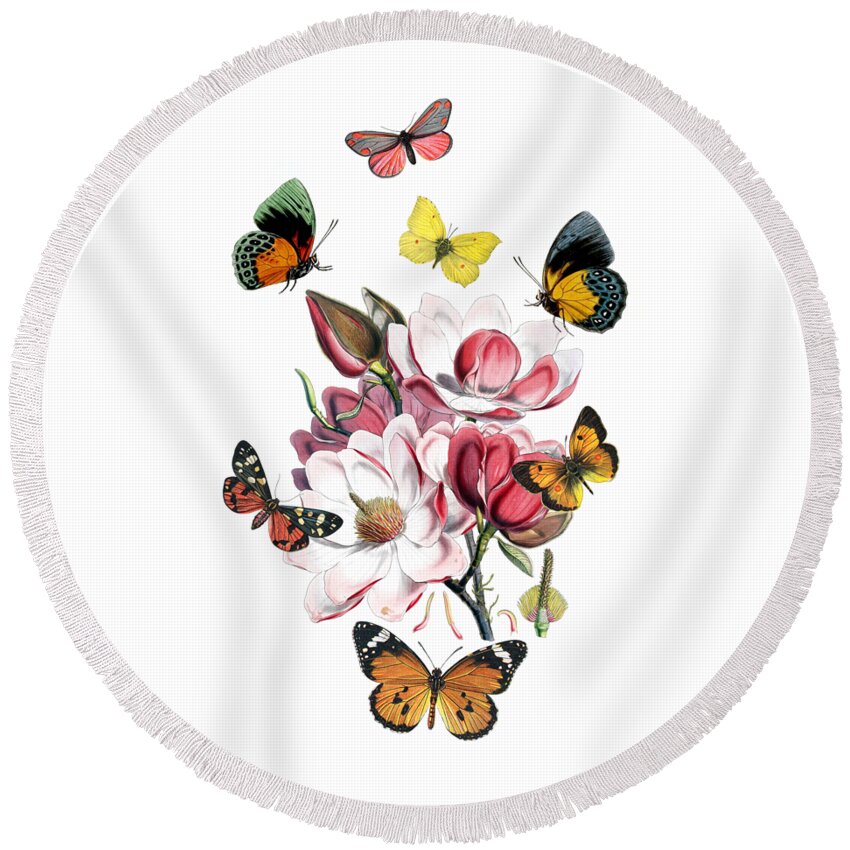 Magnolia Round Beach Towel featuring the digital art Magnolia with butterflies by Madame Memento