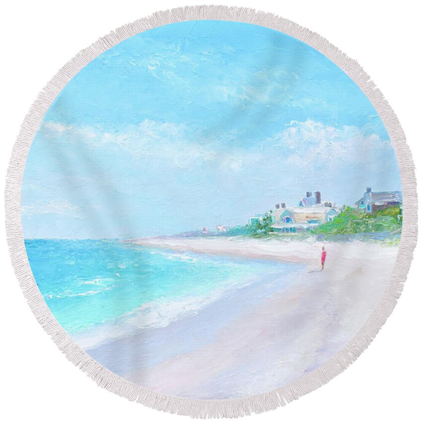 East Hampton Beach Ny Round Beach Towel featuring the painting Main Beach, East Hampton, New York, beach impression by Jan Matson