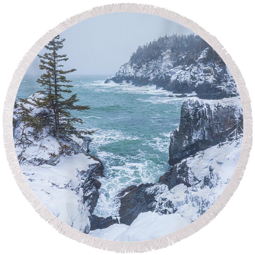 Maine Round Beach Towel featuring the photograph Maine Coast Winter by Colin Chase