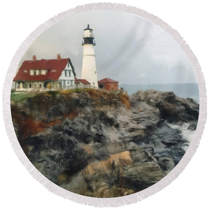 Maine Lighthouse Round Beach Towel featuring the painting Maine Lighthouse by Gary Arnold