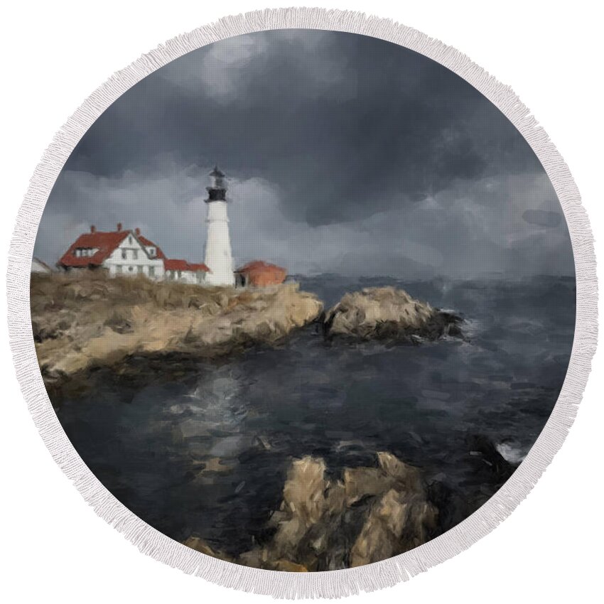  Round Beach Towel featuring the painting Maine Lighthouse Passing Storm by Gary Arnold