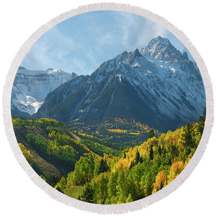 Colorado Round Beach Towel featuring the photograph Majestic Mt. Sneffels by Aaron Spong