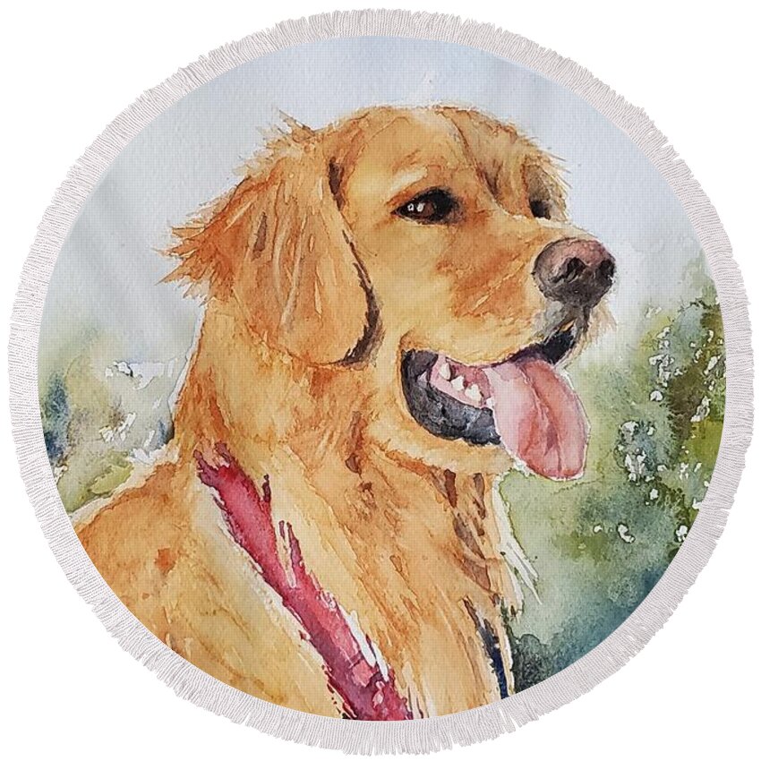 Golden Retriever Round Beach Towel featuring the painting Majestic Retriever by Sheila Romard