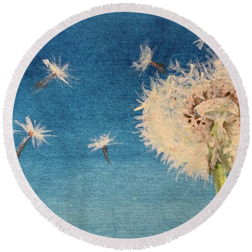 Dandelion Round Beach Towel featuring the painting Make a Wish by Tracy Hutchinson