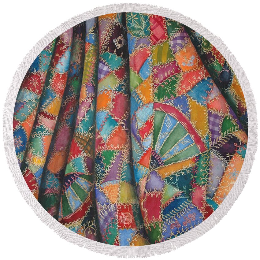 Watercolor Round Beach Towel featuring the painting Making of A Crazy Quilt by Helen Klebesadel