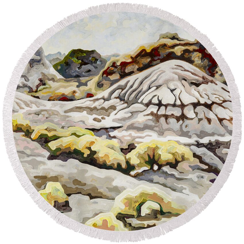 Dale Beckman Round Beach Towel featuring the painting Makoshika State Park #5 by Dale Beckman