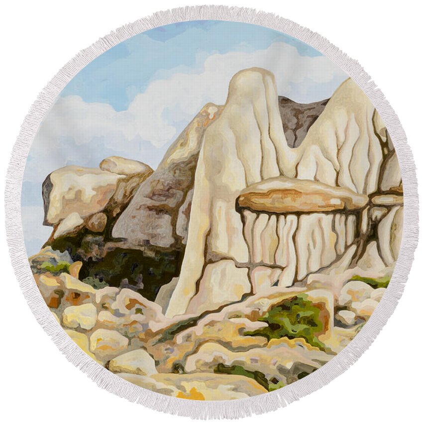 Contemporary Landscape Painter Round Beach Towel featuring the painting Makoshika State Park #6 by Dale Beckman