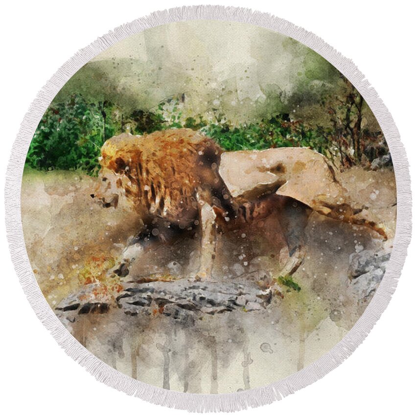 Lion Round Beach Towel featuring the digital art Male lion by Geir Rosset