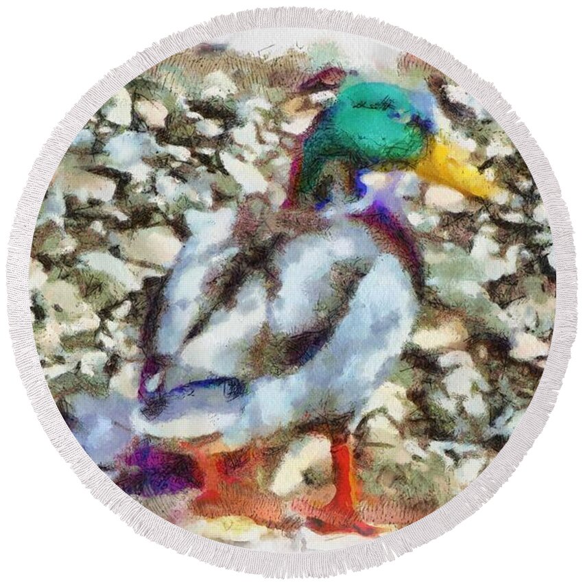 Mallard Round Beach Towel featuring the mixed media Male Mallard Duck by Christopher Reed