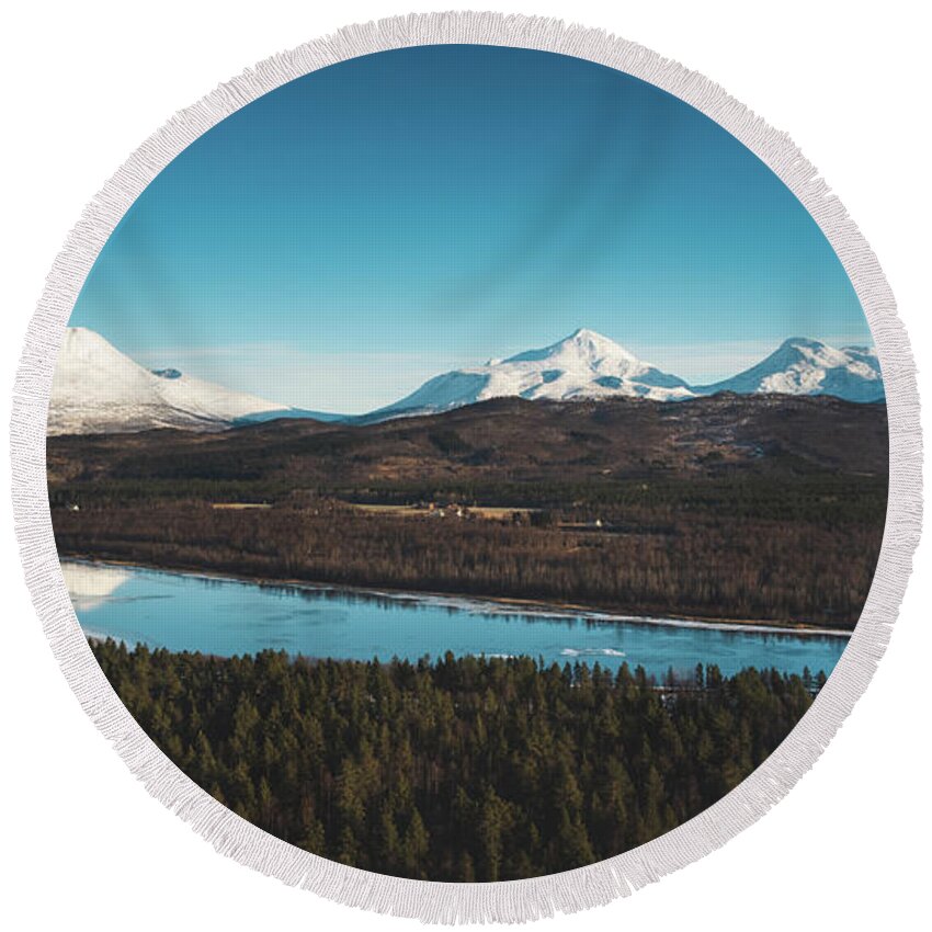 Touristic Round Beach Towel featuring the photograph Malselva River with a reflection on the snow-covered hills by Vaclav Sonnek