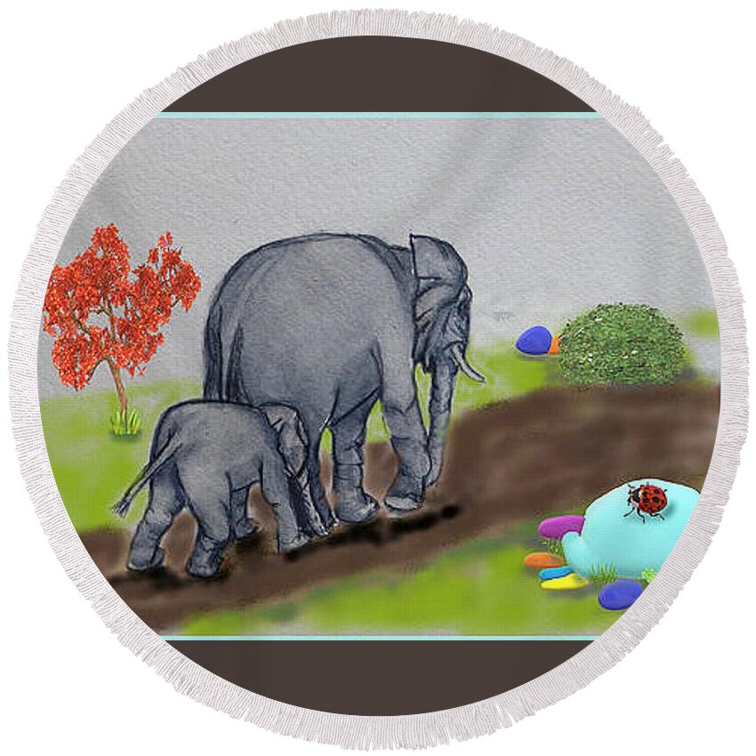 The Playroom Round Beach Towel featuring the painting Mama and Sandy the Elephant by Kelly Mills