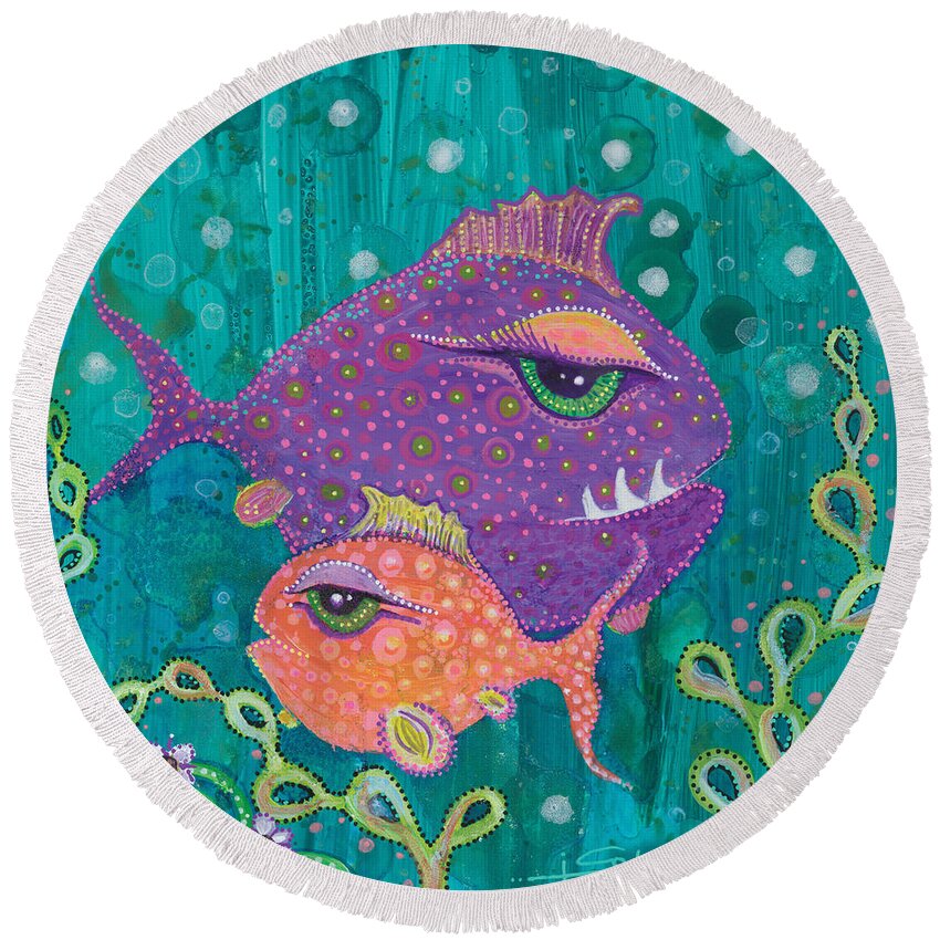 Fish School Round Beach Towel featuring the painting Fish School by Tanielle Childers