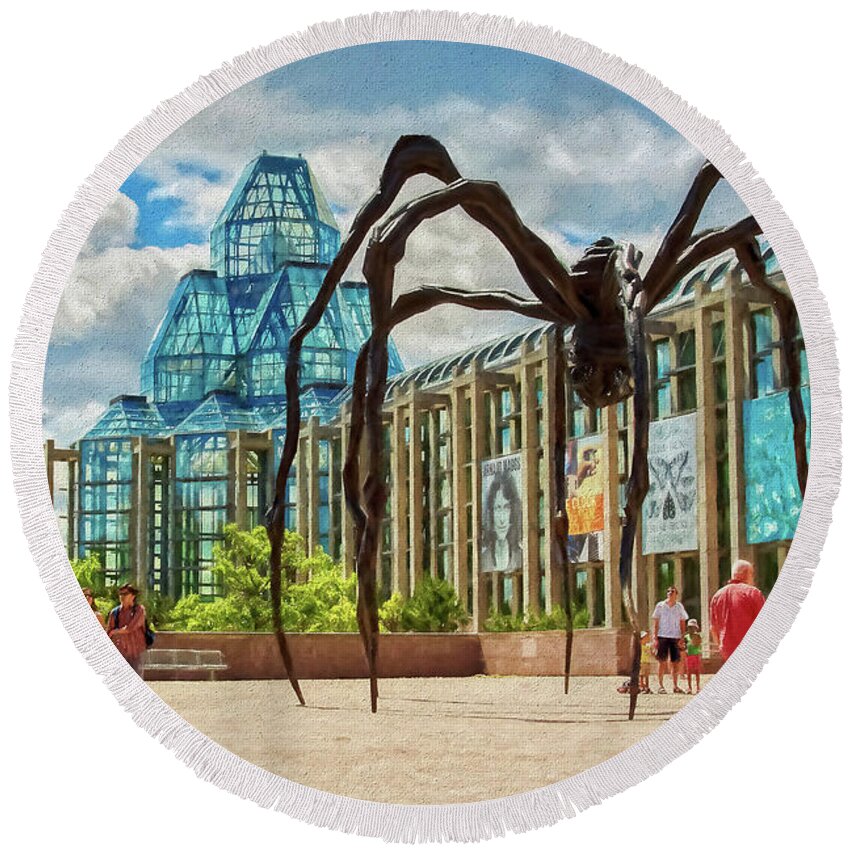 Maman Round Beach Towel featuring the photograph Maman Spider Sculpture, Ottawa by Tatiana Travelways