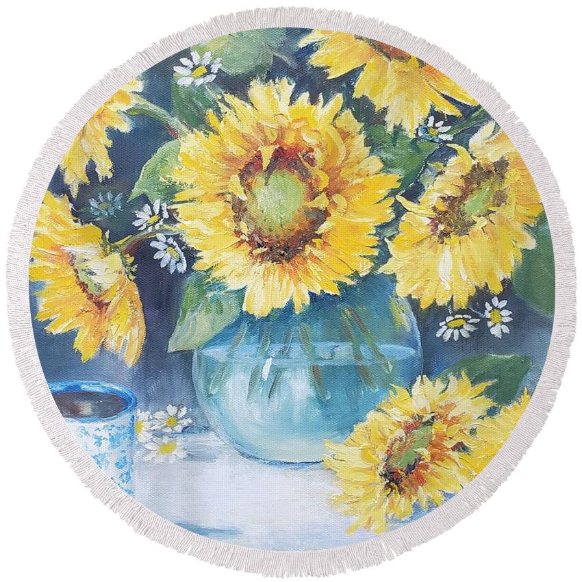Sunflowers Autumn Coffee Harvest Round Beach Towel featuring the painting Mama's Cup with Sunflowers by ML McCormick