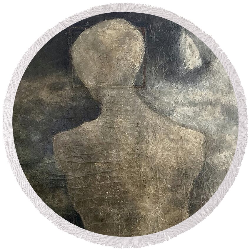 Surreal Round Beach Towel featuring the painting Man and Moon by David Euler