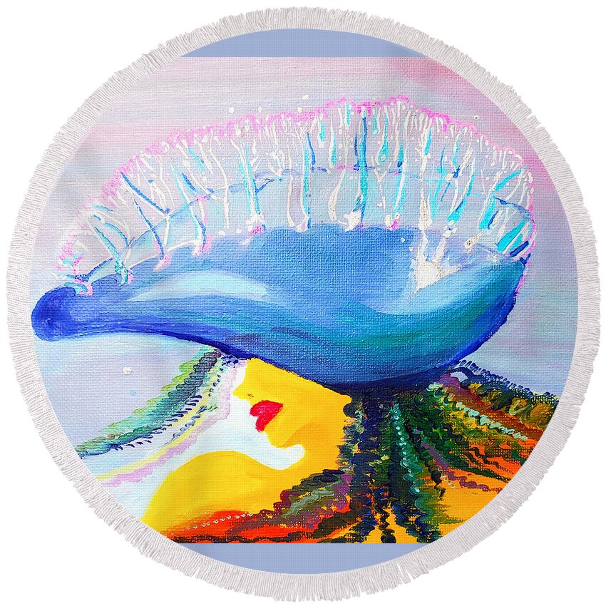 Abstract Round Beach Towel featuring the painting Man O' War by Christine Bolden