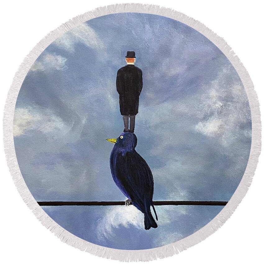 Magritte Round Beach Towel featuring the painting Man On A Bird On A Wire by Thomas Blood
