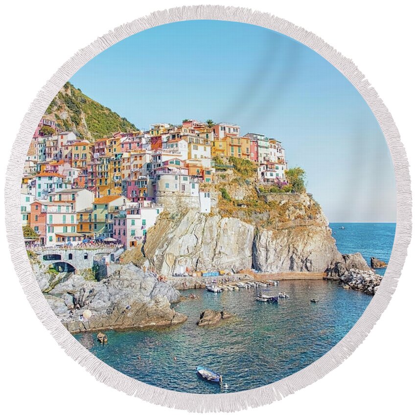Architecture Round Beach Towel featuring the photograph Manarola by Manjik Pictures