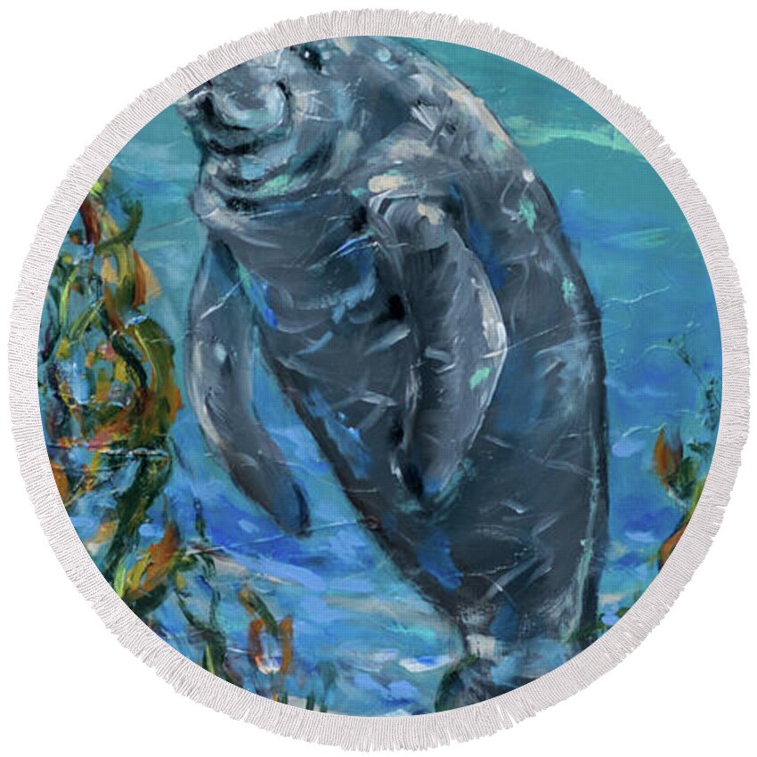 Ocean Round Beach Towel featuring the painting Manatee in the Grass by Linda Olsen