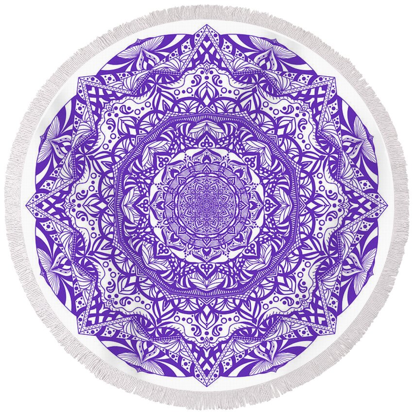 Mandalas Round Beach Towel featuring the digital art Mandala of Purple Pleasures by Angie Tirado