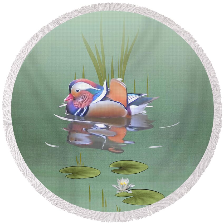 Bird Round Beach Towel featuring the digital art Mandarin Duck and Lotus Flower by M Spadecaller