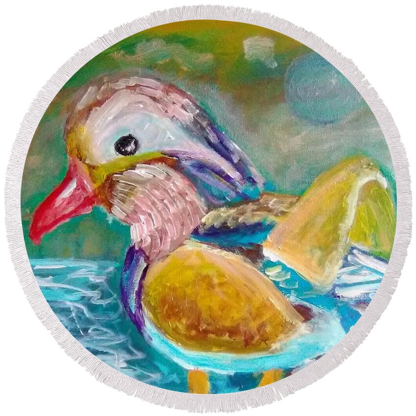 Birds Round Beach Towel featuring the painting Mandarin Duck by Andrew Blitman