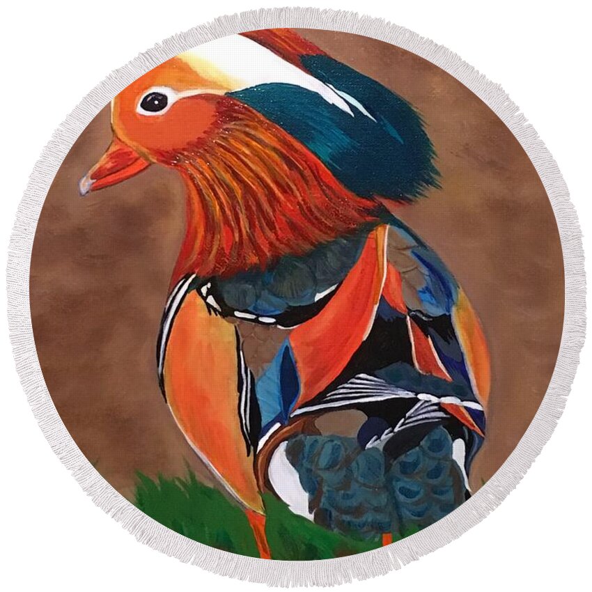  Round Beach Towel featuring the painting Mandarin Duck-Fowl Play by Bill Manson