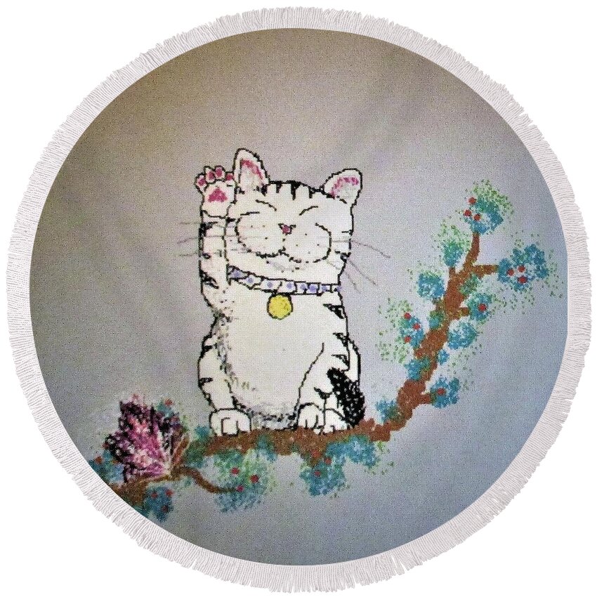 Maneki Round Beach Towel featuring the digital art Maneki-Neko Cat Japanese Legend by Lynn Raizel Lane