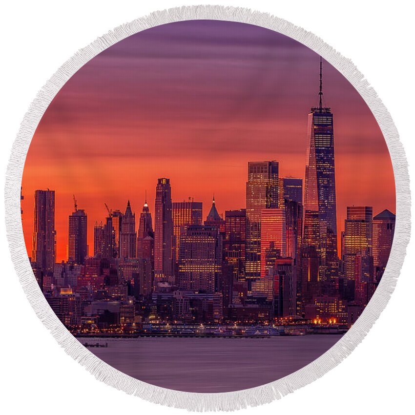 World Trade Center Round Beach Towel featuring the photograph Manhattan NYC Awakens by Susan Candelario