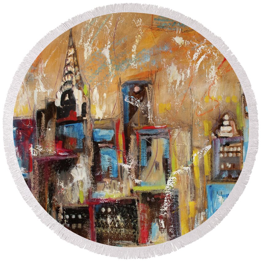 Buildings Round Beach Towel featuring the painting Manhattan Towers I by Sharon Sieben