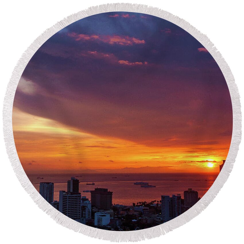 Philippines Round Beach Towel featuring the photograph Manila Sunset Cityscape by Arj Munoz